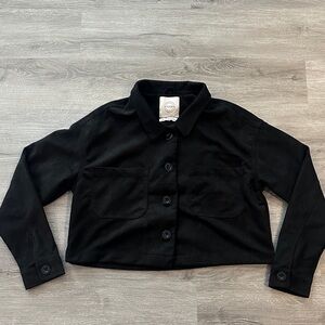 Black Cropped Button-Up Jacket suede